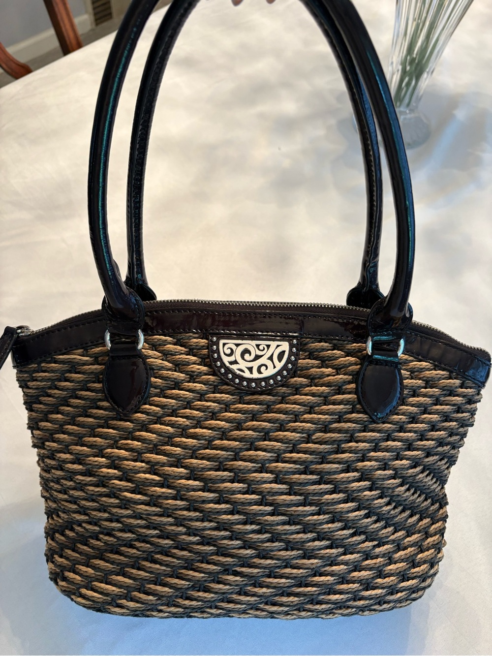 Brighton Two-Tone Woven Straw Tote with black Trim